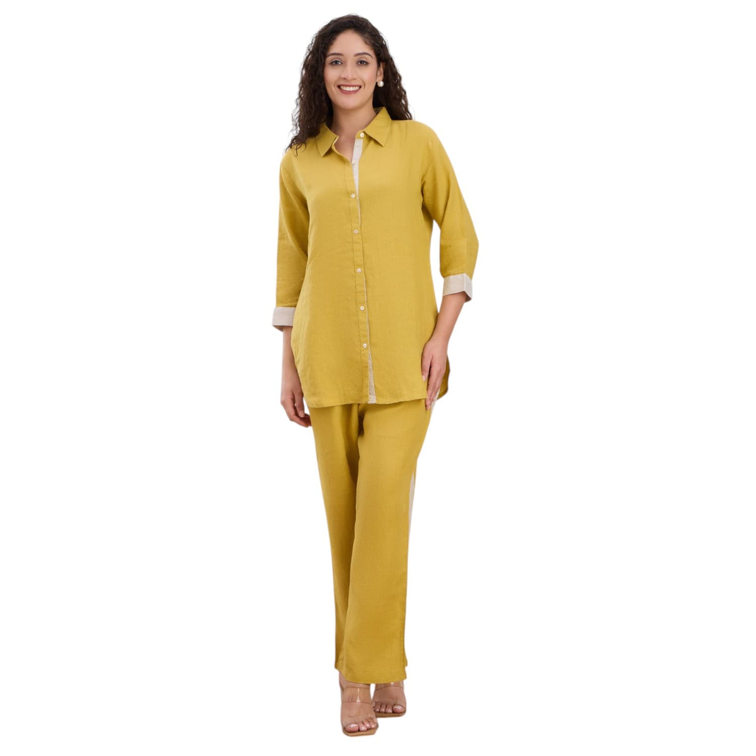Saturated mustard linen co-ord with pearl-button placket.