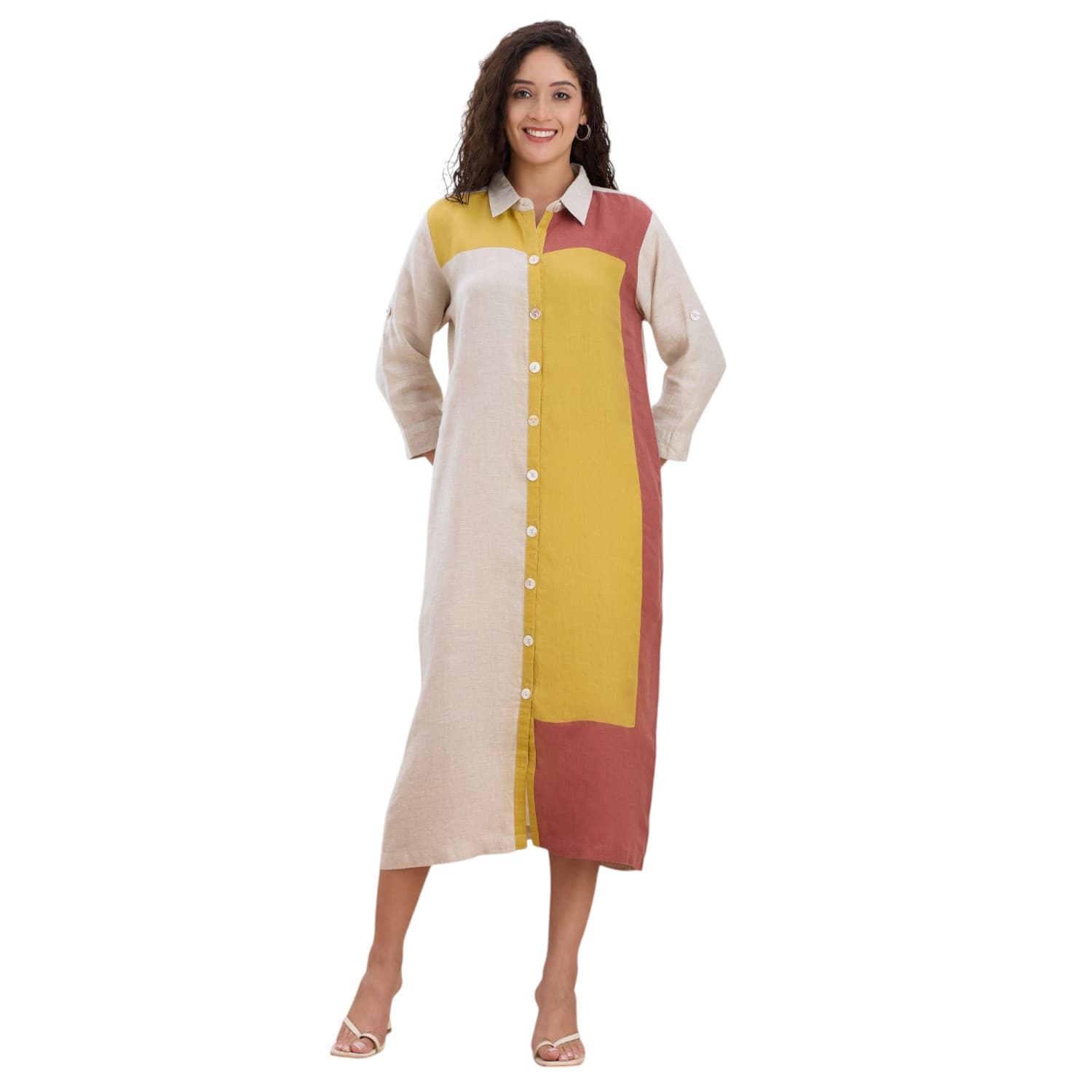 Colour Block Linen Shirt Dress