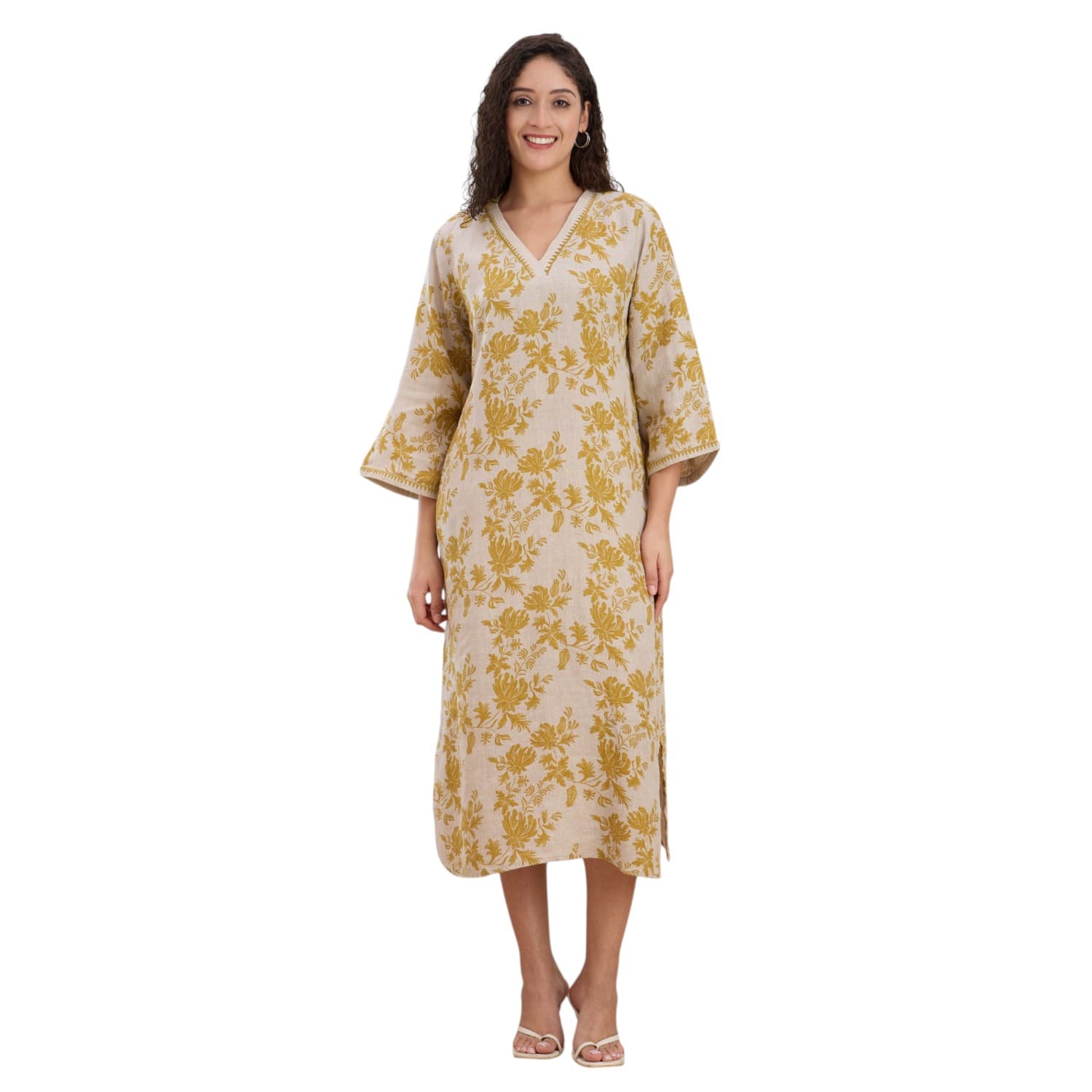 Natural linen kaftan with mustard block-printed floral.