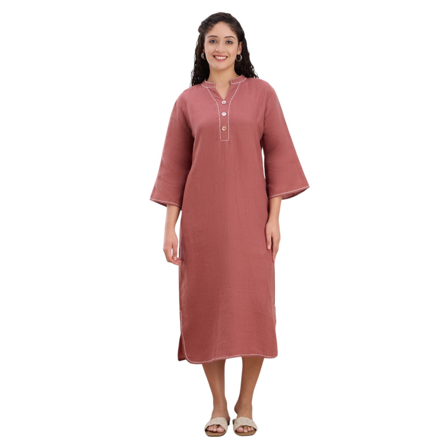 Dusty rose linen kurta dress with mandarin collar.