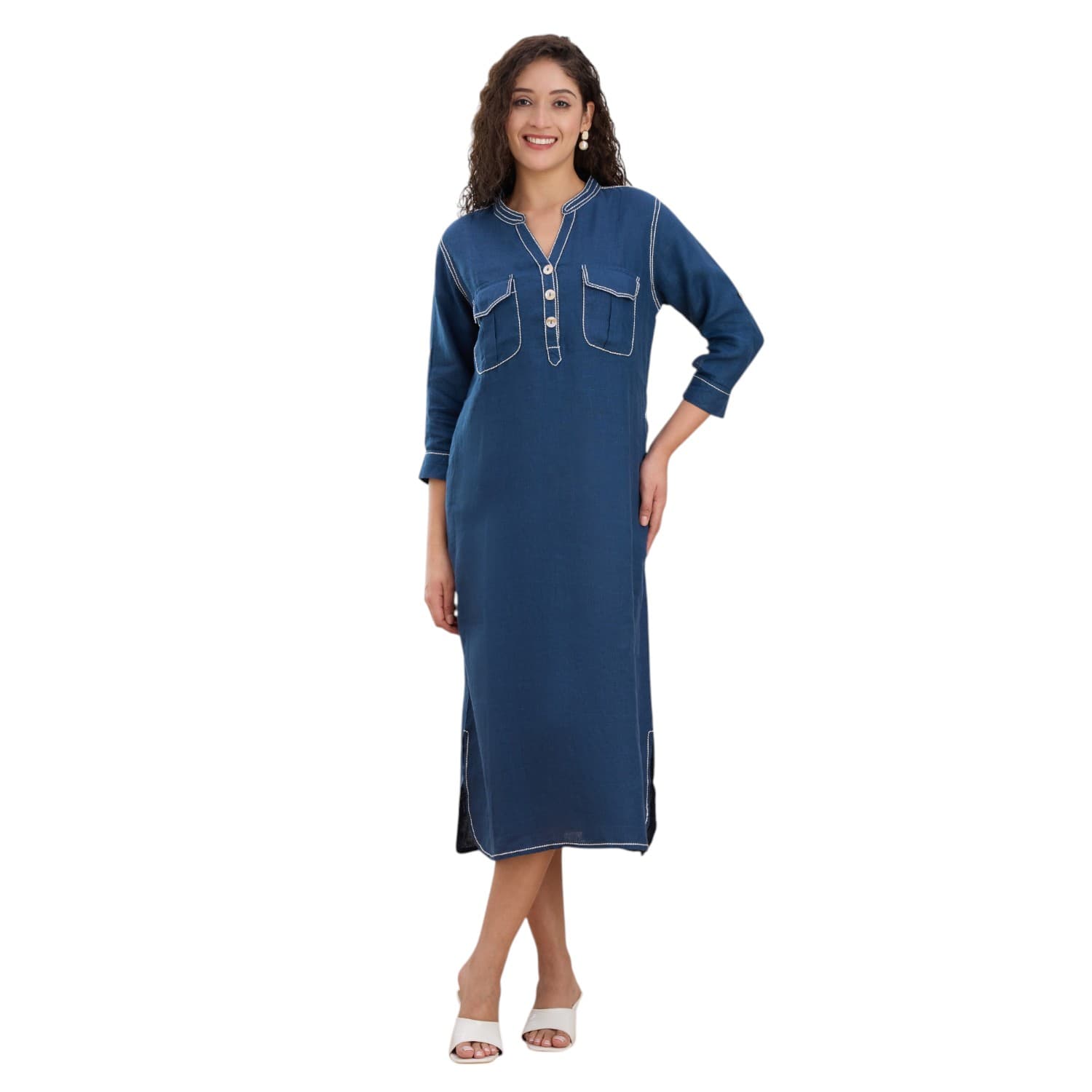 Deep teal linen kurta dress with twin chest pockets.